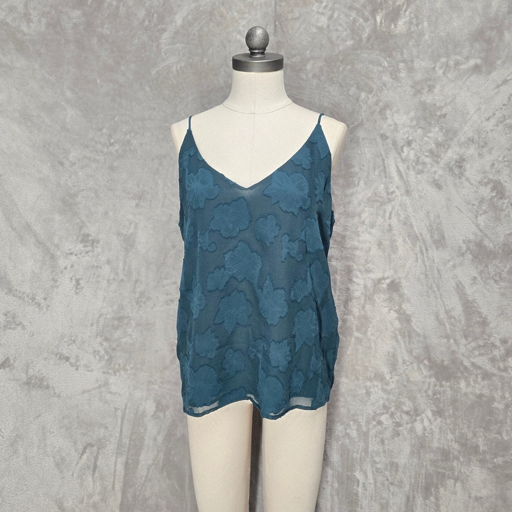 Calvin Klein Women Teal Floral Camisole Top Blouse LPetite Textured Layer Office